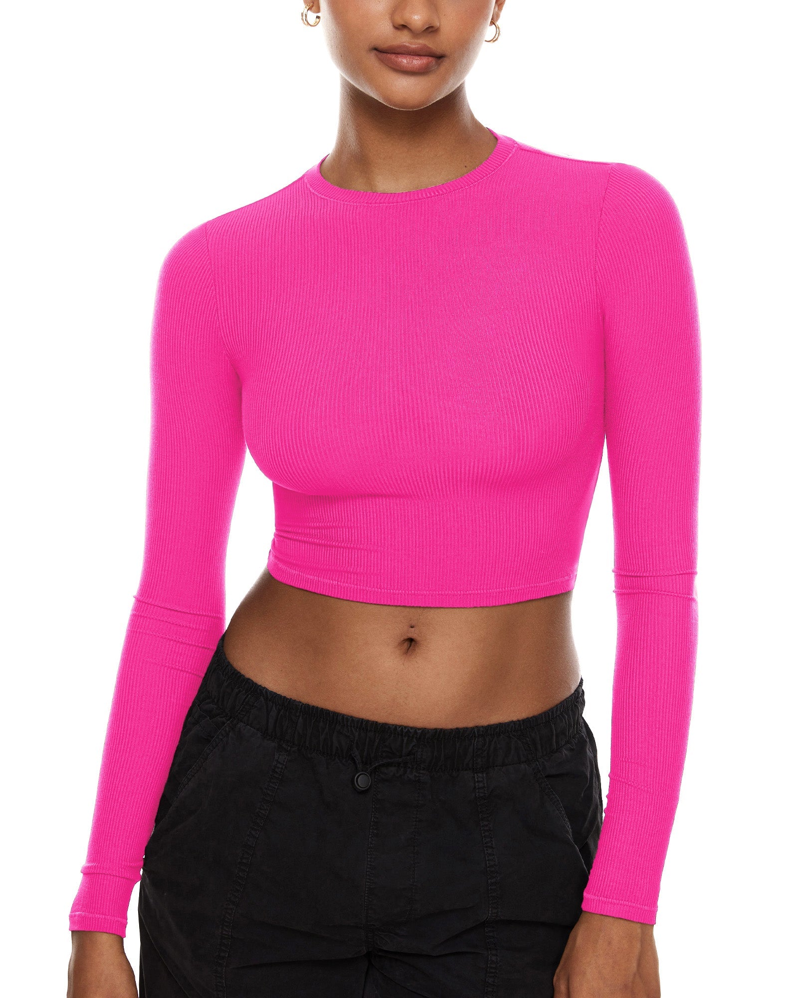 Ribbed Long Sleeve Crew Neck Crop Tops