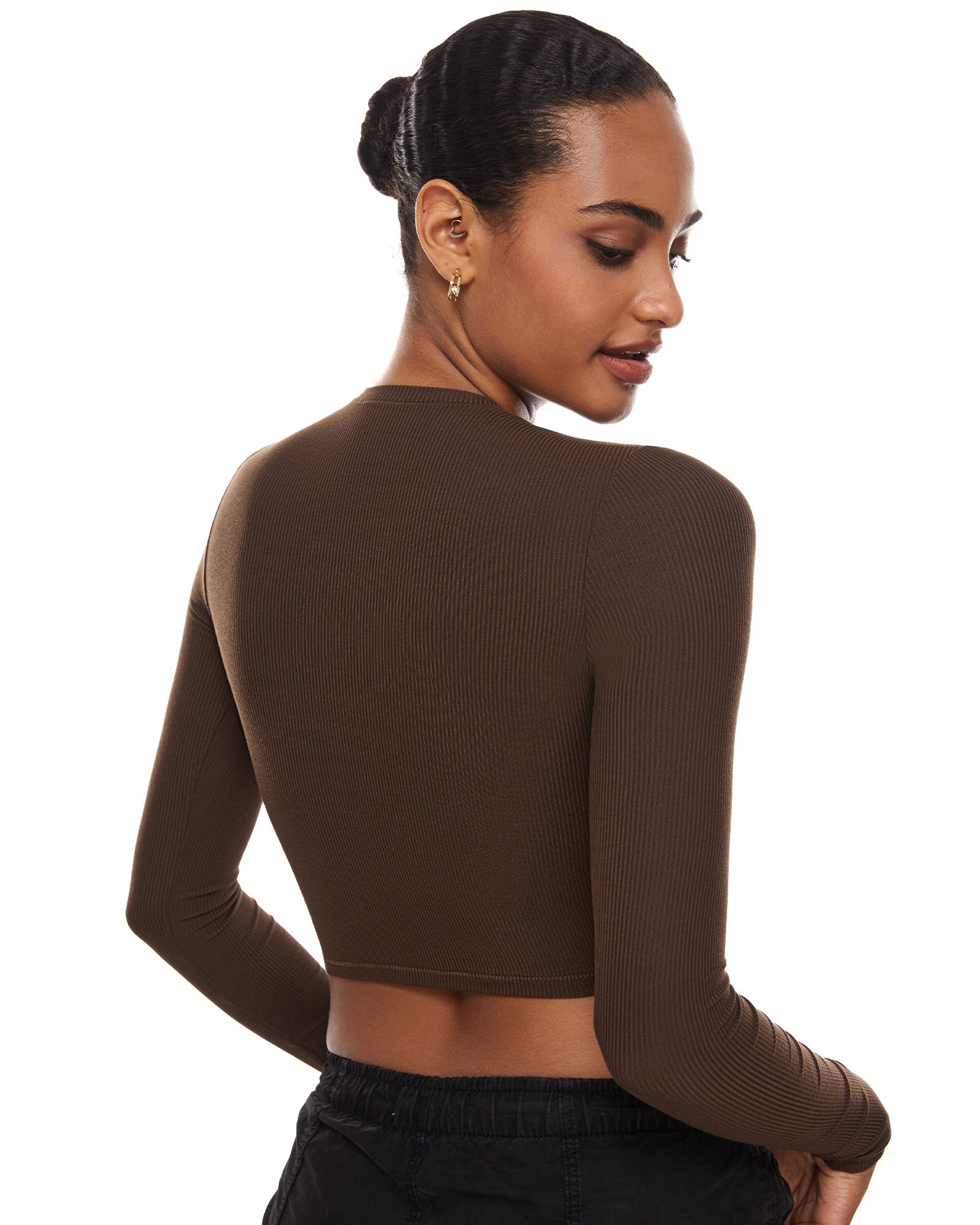 Ribbed Long Sleeve Crew Neck Crop Tops