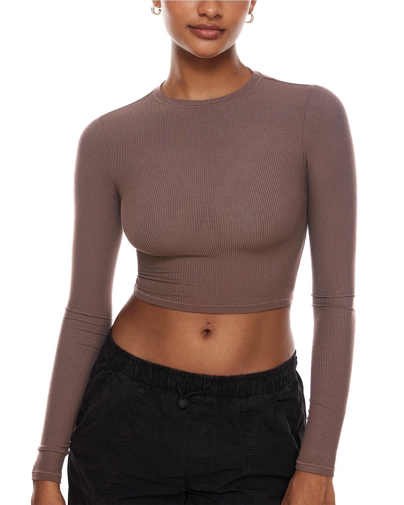 Ribbed Long Sleeve Crew Neck Crop Tops