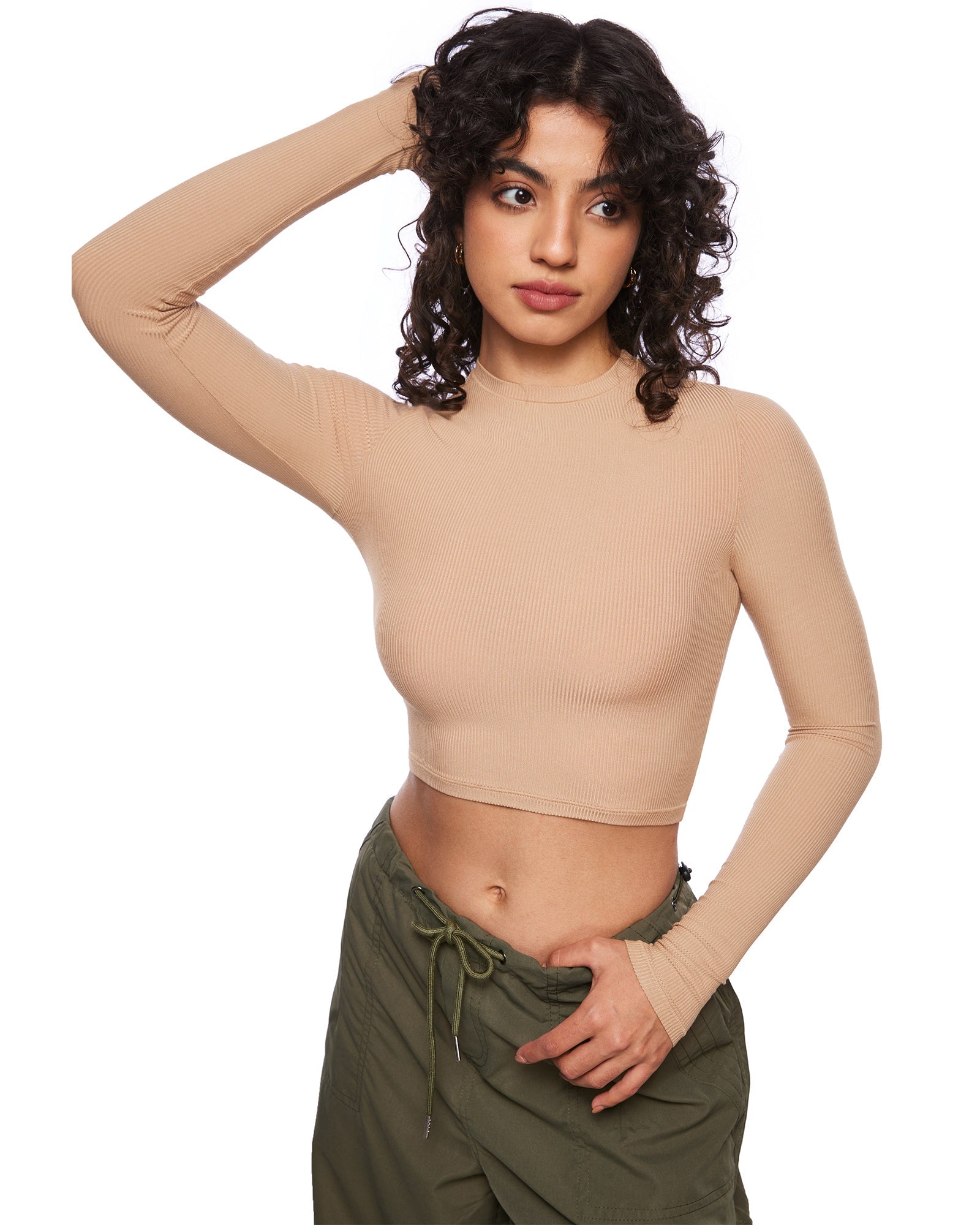 Ribbed Long Sleeve Crew Neck Crop Tops