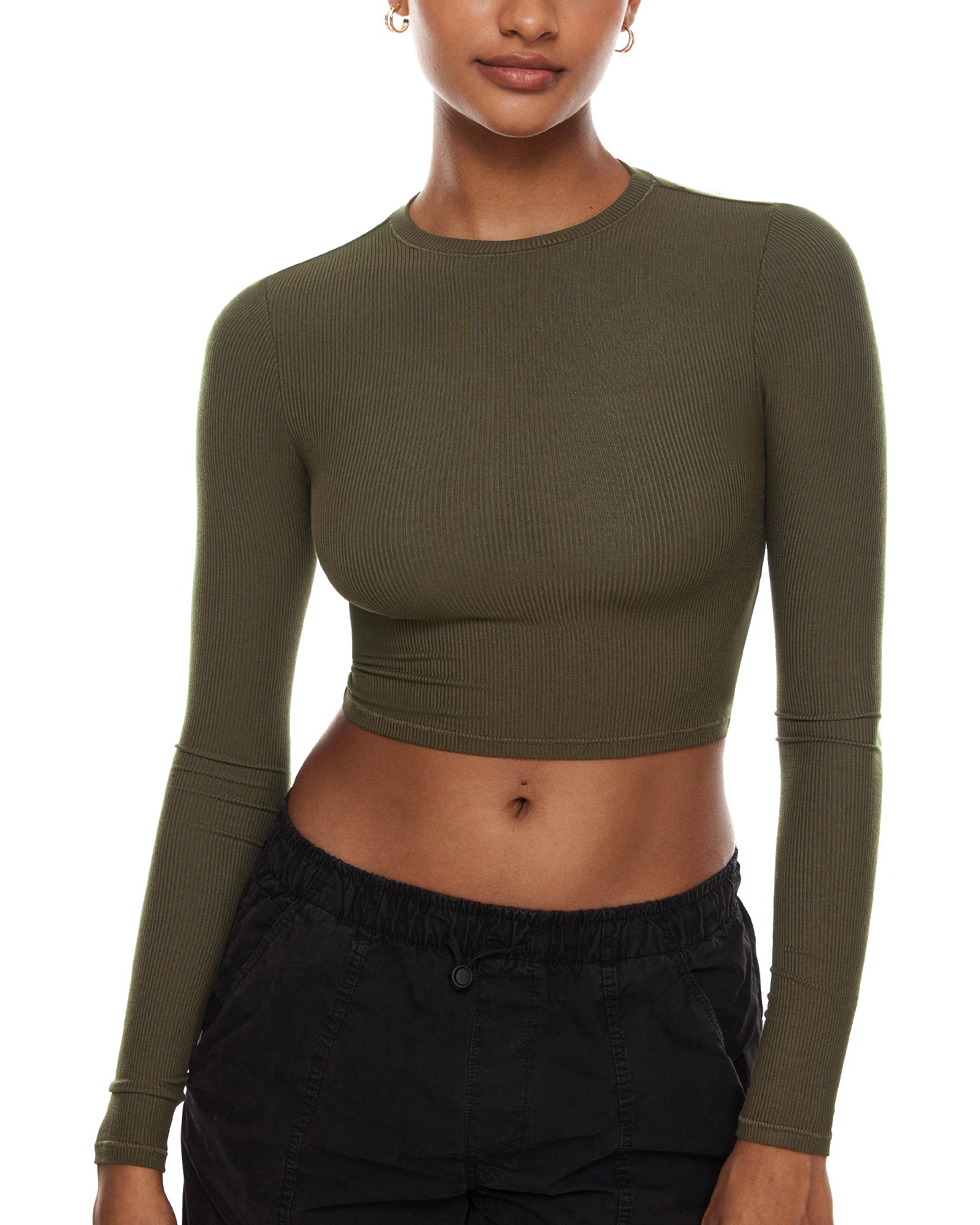 Ribbed Long Sleeve Crew Neck Crop Tops