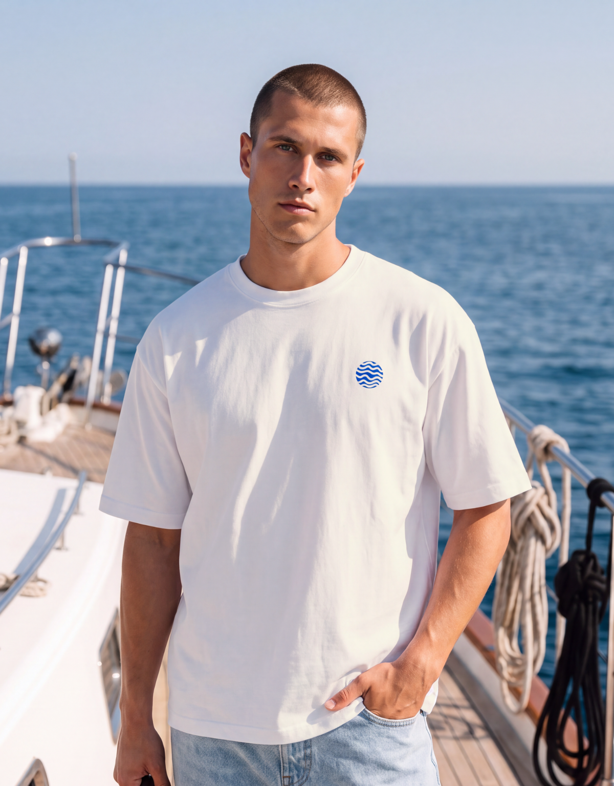 Homem ao ar livre vestindo a camiseta oversized MALTA® no crying on the yacht, off-white, em clima de verão