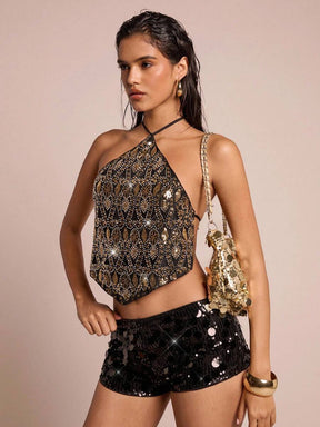 top halter neck bordado luxo art déco preto