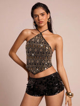 top halter neck bordado luxo art déco preto