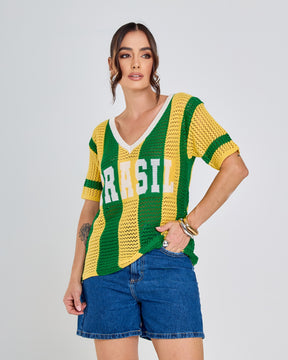 t-shirt tricot manga curta listrada verde e amarelo brasil