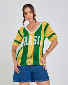 t-shirt tricot manga curta listrada verde e amarelo brasil