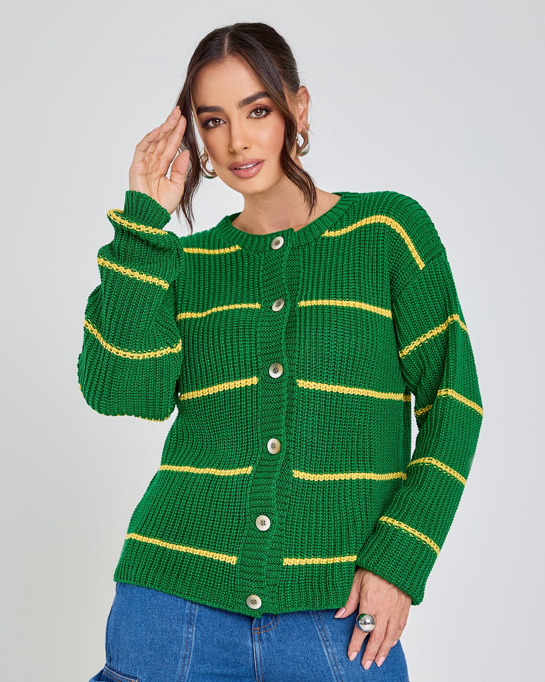 cardigan listrado tricot brasil copa 2026 canarinho + frete grátis