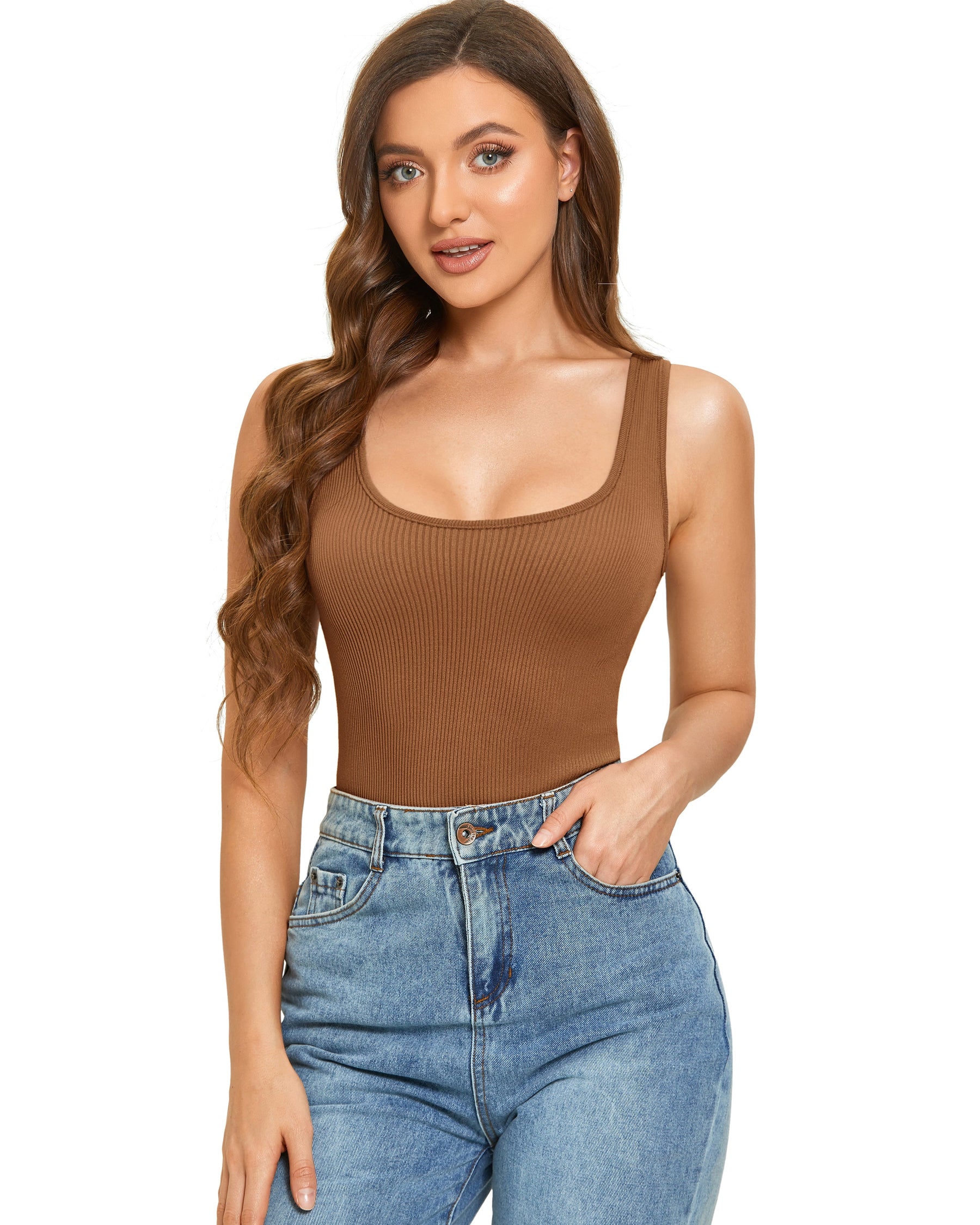 Ribbed Scoop Neck Sleeveless Bodysuit