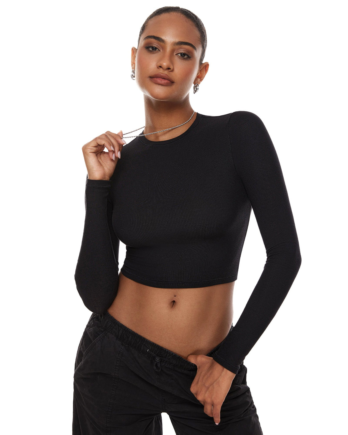 Ribbed Long Sleeve Crew Neck Crop Tops