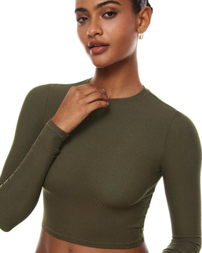 Ribbed Long Sleeve Crew Neck Crop Tops