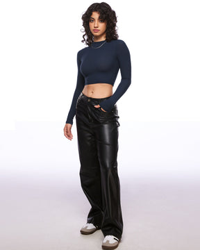 Ribbed Long Sleeve Crew Neck Crop Tops