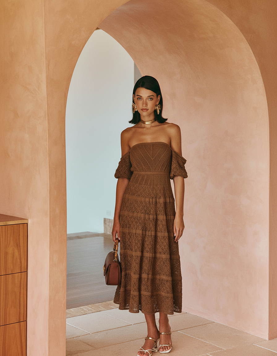 vestido midi tricô dourado siena