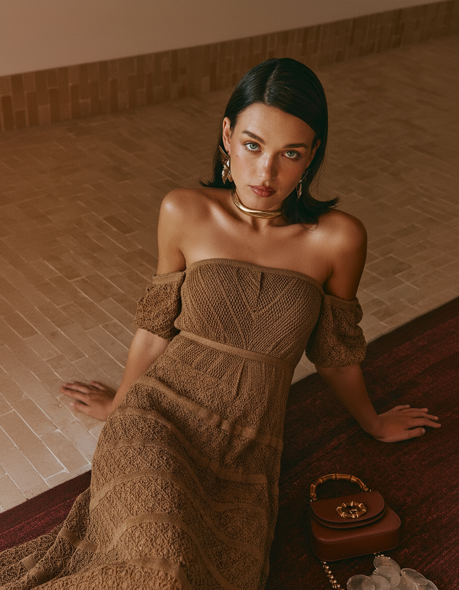 vestido midi tricô dourado siena