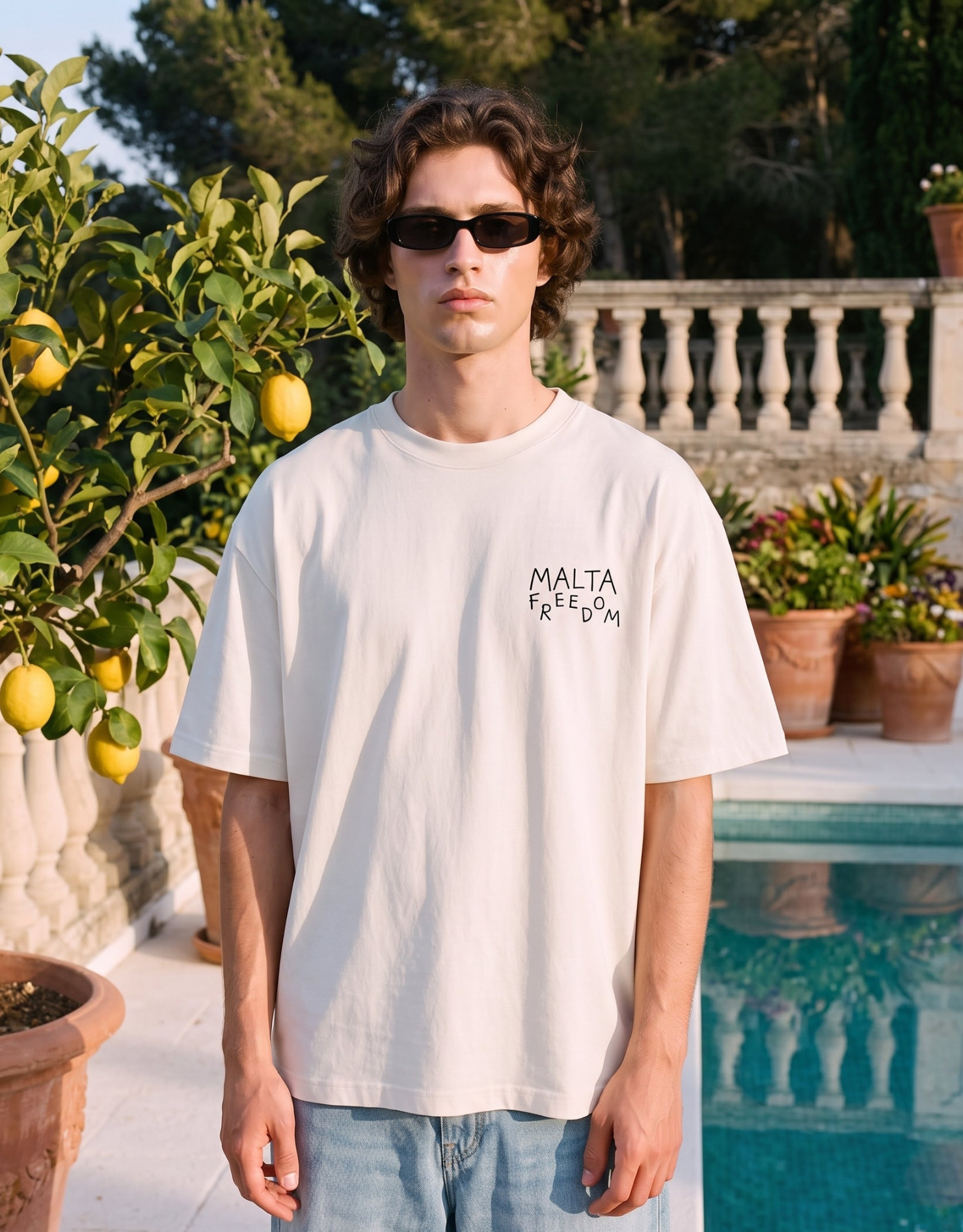 Camiseta oversized MALTA® Flying off-white usada ao ar livre