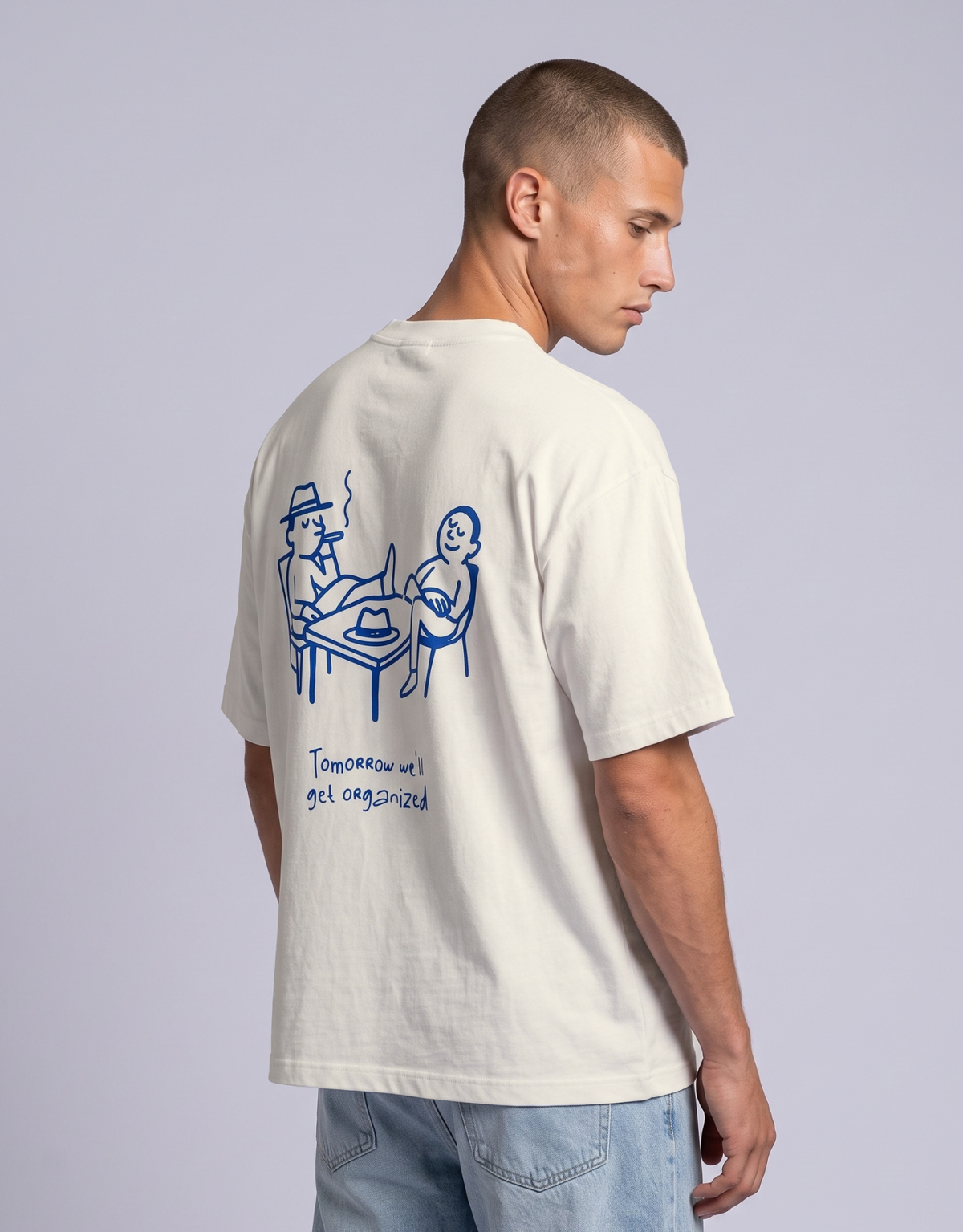 Camiseta oversized MALTA® Have a Break off-white, costas com a frase “tomorrow we'll get organized”
