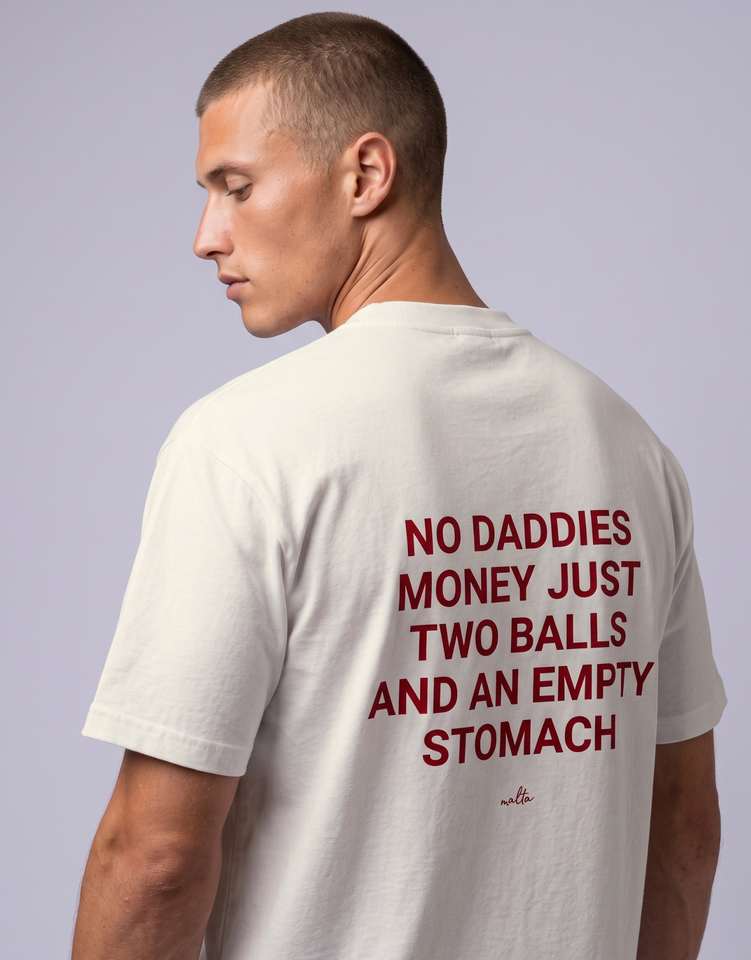 Detalhe da estampa da camiseta MALTA® No Daddies Money