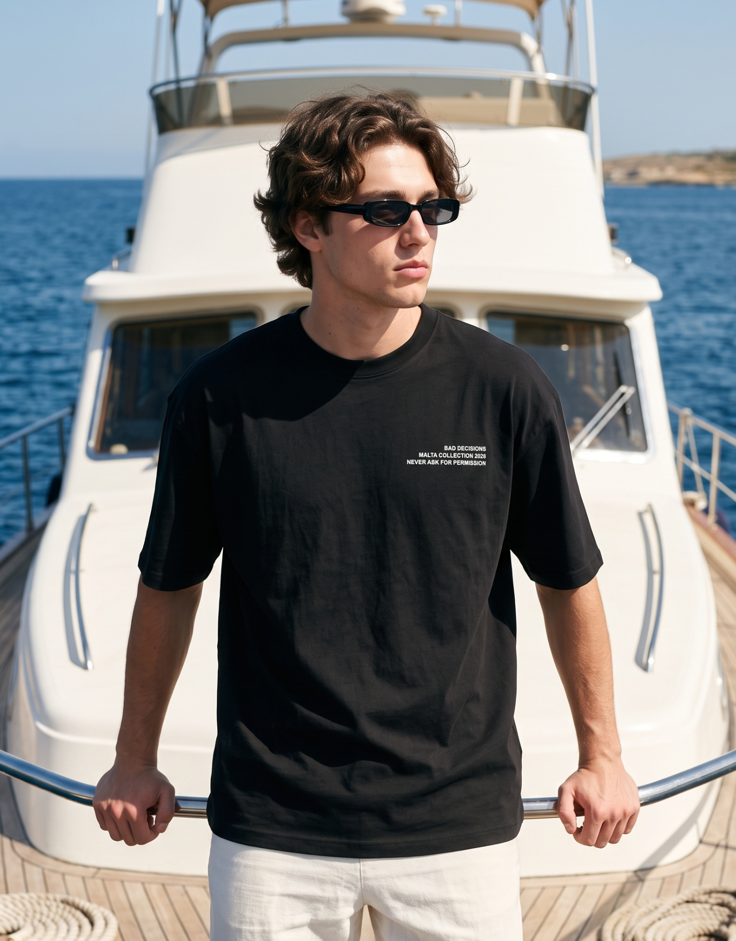 Camiseta oversized MALTA® Bad Decisions preta usada ao ar livre
