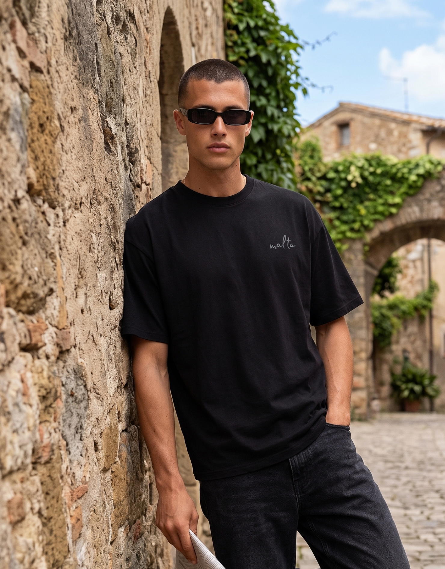 Camiseta oversized MALTA® Conditioned for Chaos preta usada ao ar livre