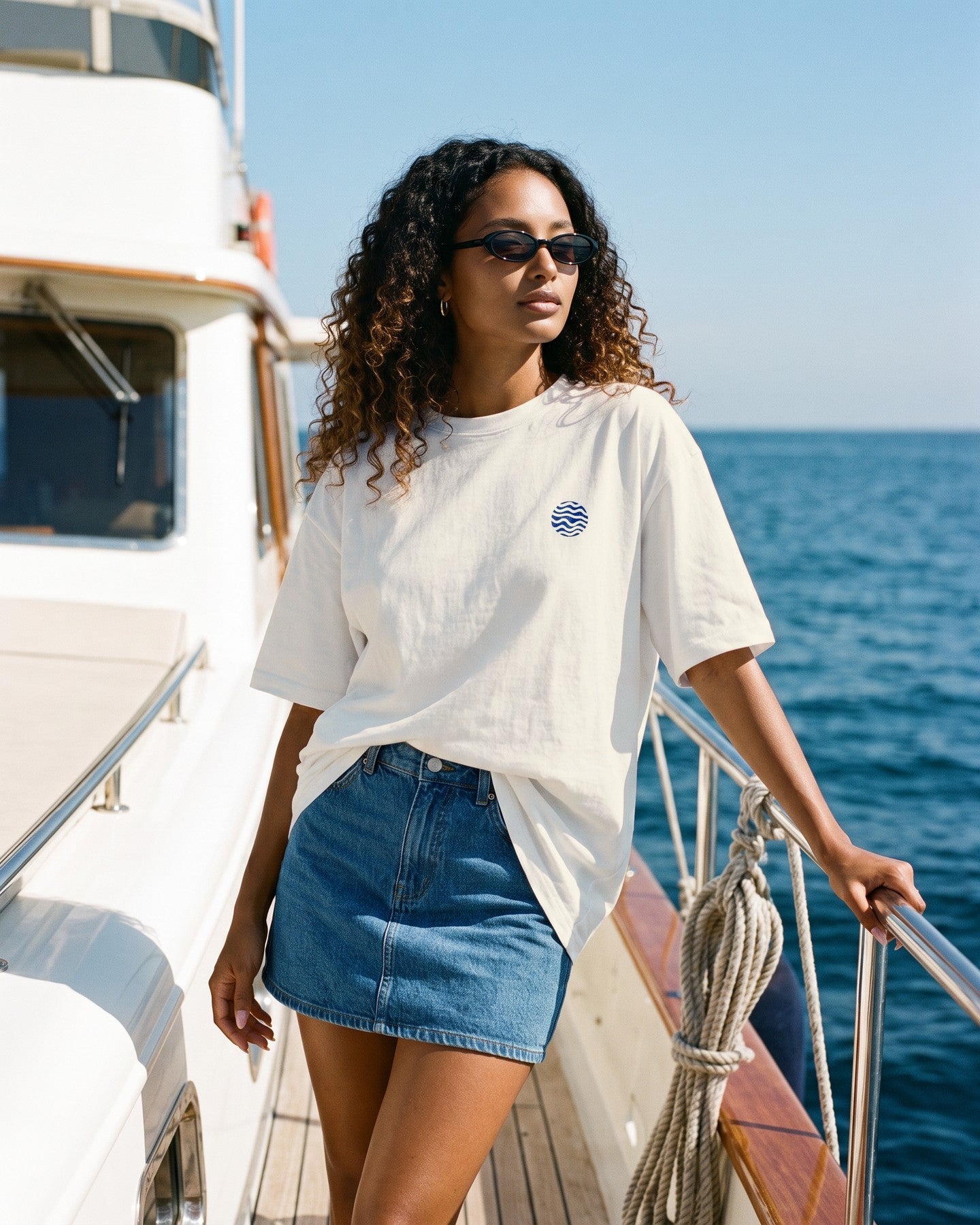 Mulher usando a camiseta oversized MALTA® no crying on the yacht off-white no convés de um iate