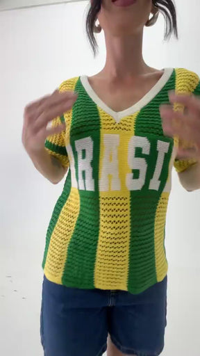 blusa tricot manga curta listrada verde e amarelo brasil copa 2026 + frete grátis